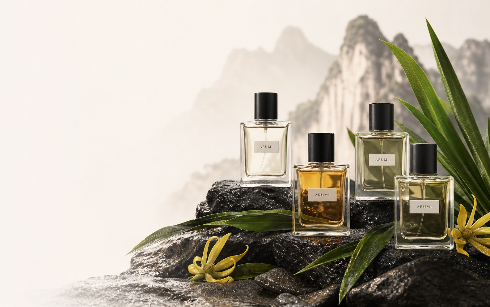 Arumi perfume bottles on volcanic stone